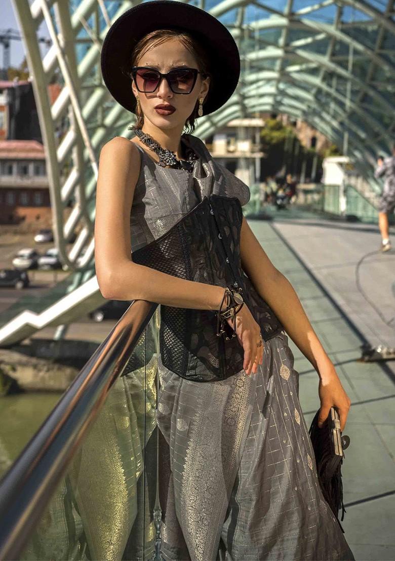 Grey Embroidered Poly Blend Sarees