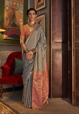 Grey Embroidered Poly Blend Sarees