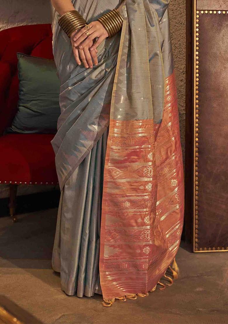 Grey Embroidered Poly Blend Sarees