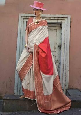 Beige Embroidered Poly Blend Sarees