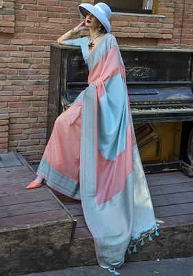 Peach Embroidered Poly Blend Sarees