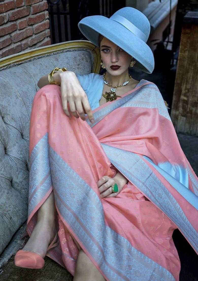 Peach Embroidered Poly Blend Sarees