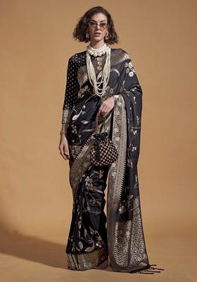 Black Embroidered Poly Blend Sarees