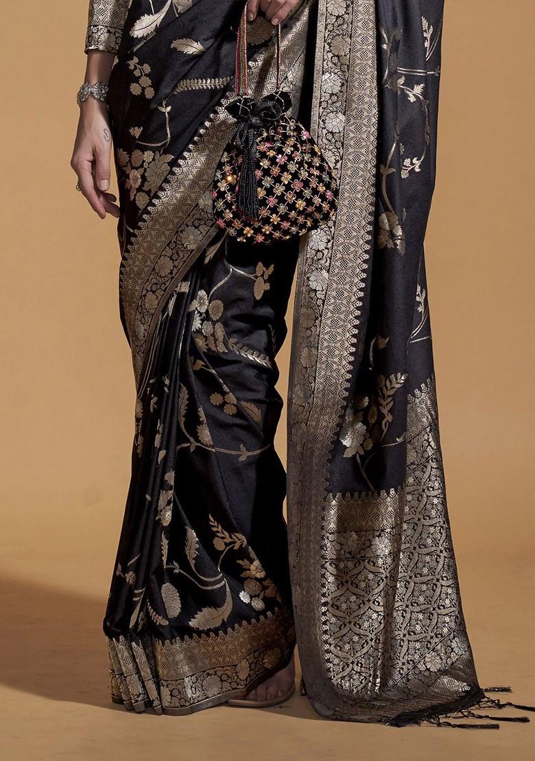 Black Embroidered Poly Blend Sarees