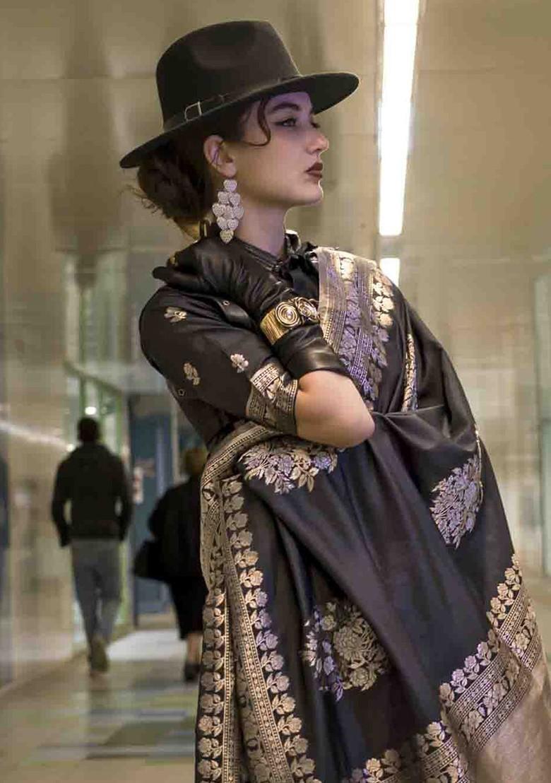 Black Embroidered Poly Blend Sarees