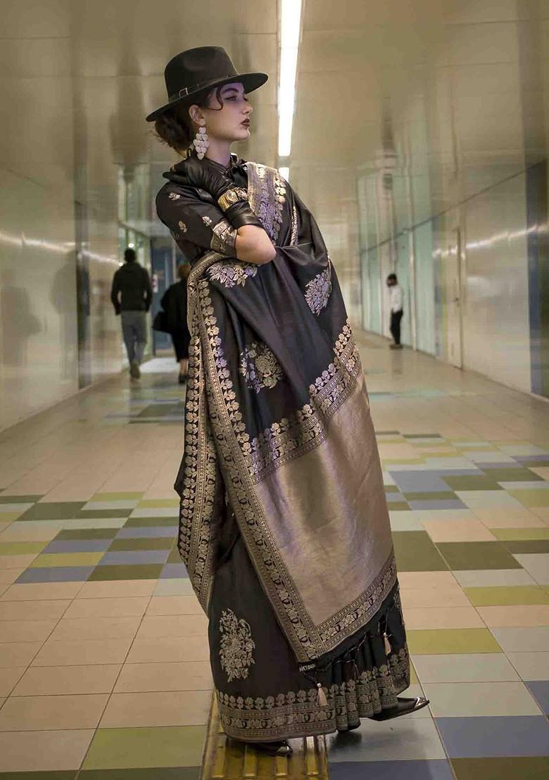 Black Embroidered Poly Blend Sarees