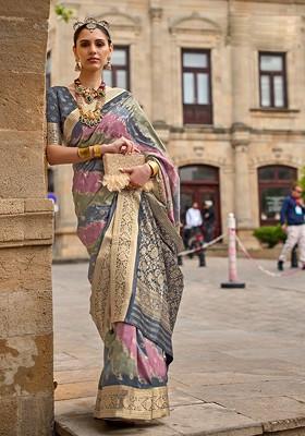 Grey Embroidered Poly Blend Sarees