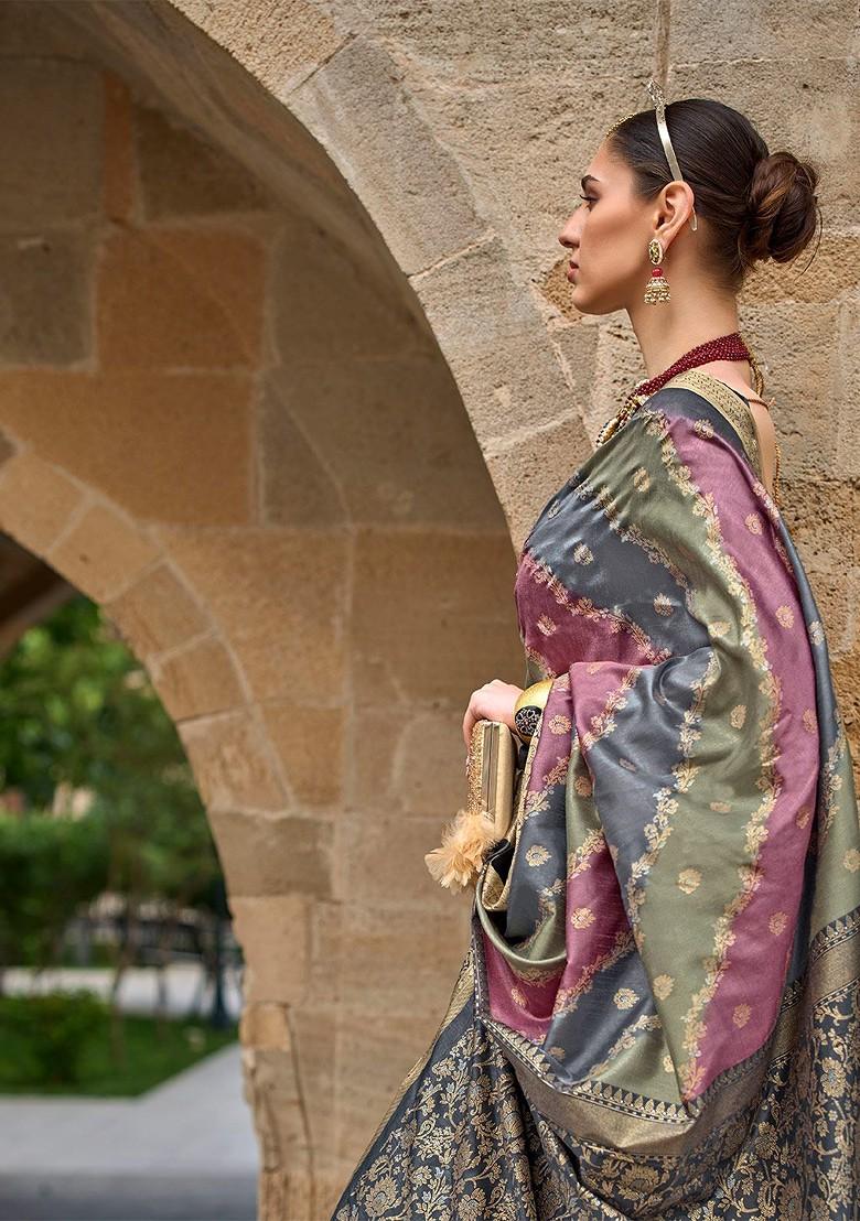 Grey Embroidered Poly Blend Sarees