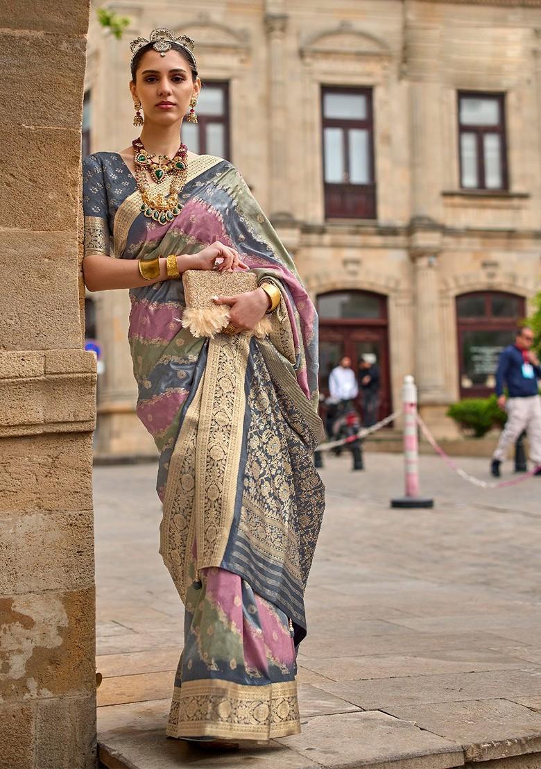 Grey Embroidered Poly Blend Sarees