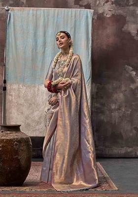 Grey Embroidered Poly Blend Sarees