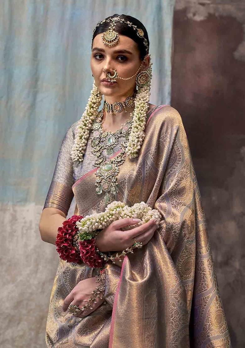 Grey Embroidered Poly Blend Sarees