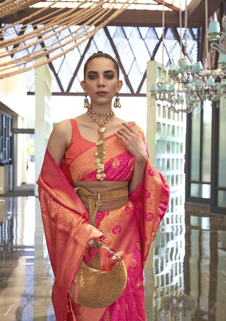 Red Embroidered Poly Blend Sarees