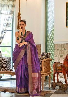 Purple Organza Poly Blend Sarees