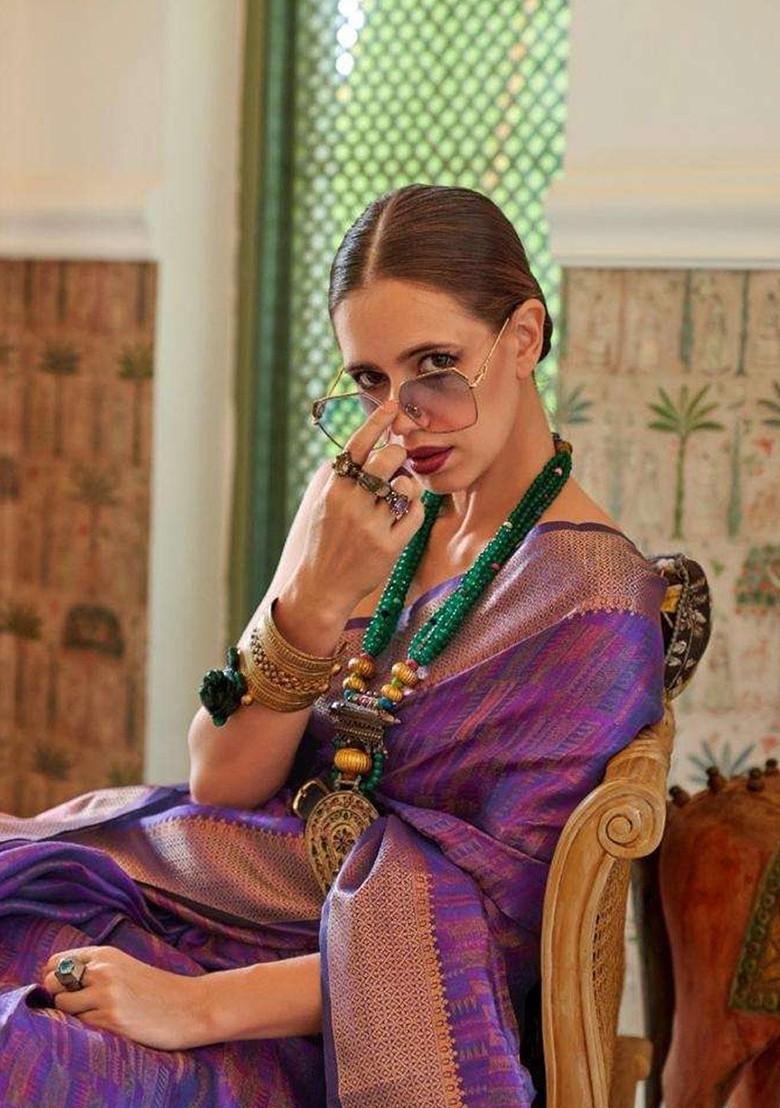 Purple Organza Poly Blend Sarees