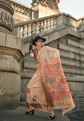 Beige Embroidered Poly Blend Sarees