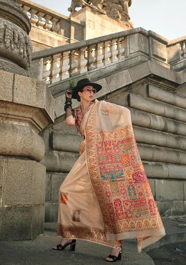 Beige Embroidered Poly Blend Sarees