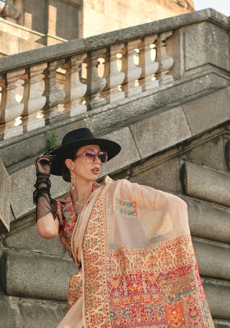 Beige Embroidered Poly Blend Sarees