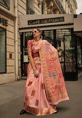 Peach Embroidered Poly Blend Sarees
