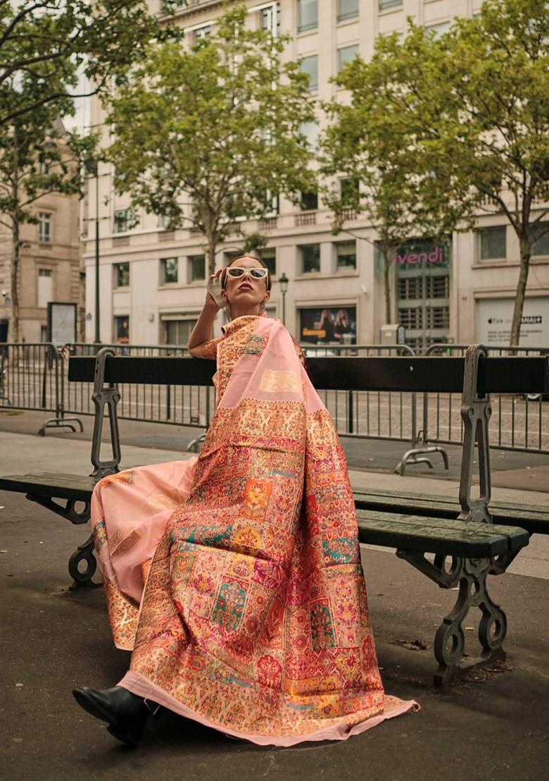 Peach Embroidered Poly Blend Sarees