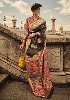 Black Embroidered Poly Blend Sarees