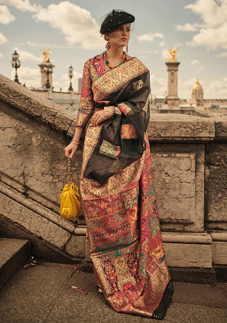 Black Embroidered Poly Blend Sarees