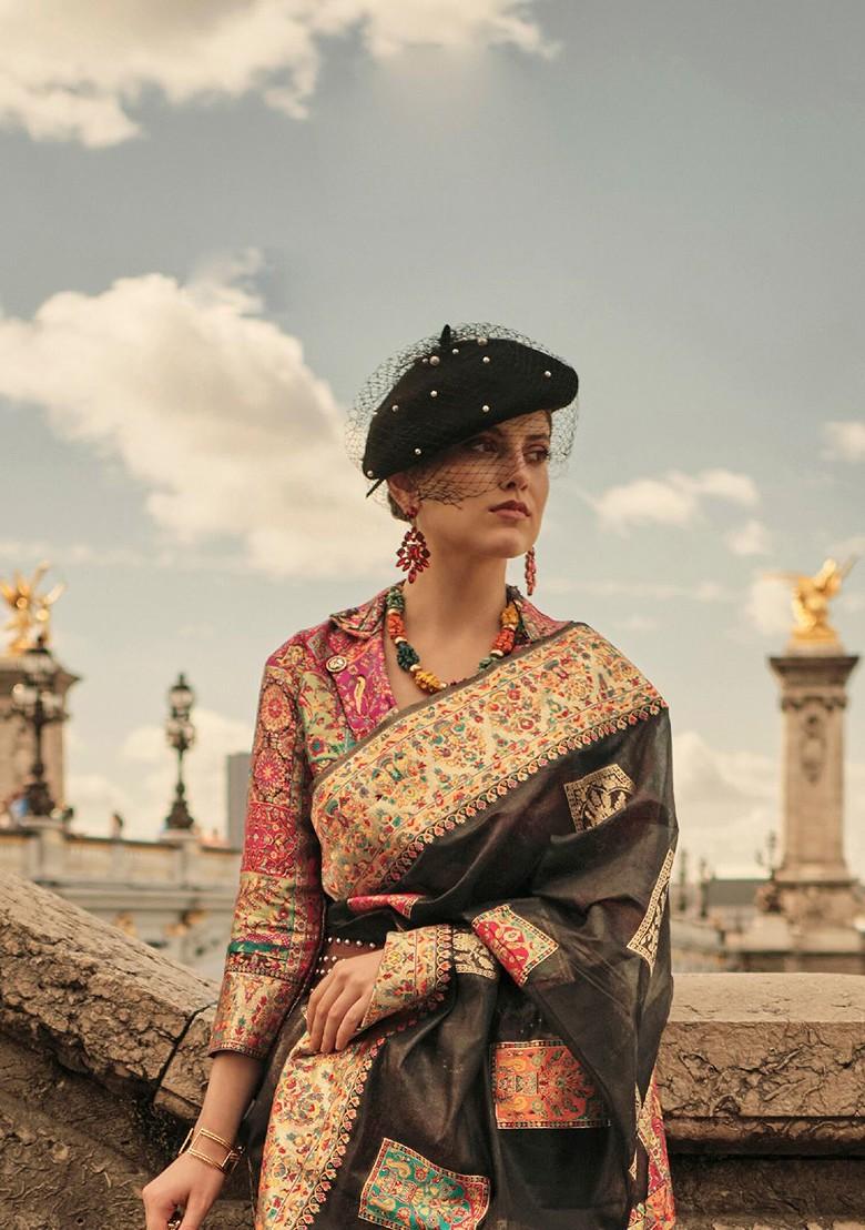 Black Embroidered Poly Blend Sarees