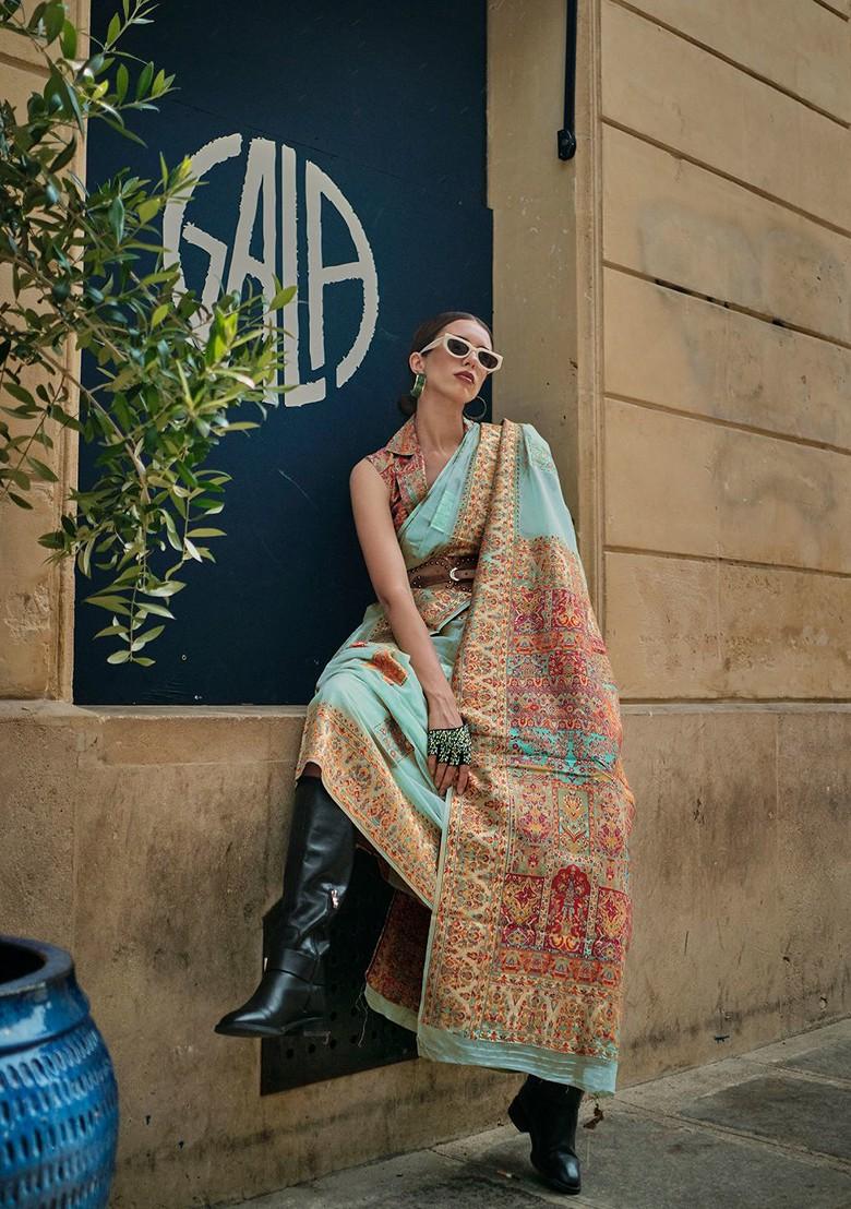 Blue Embroidered Poly Blend Sarees