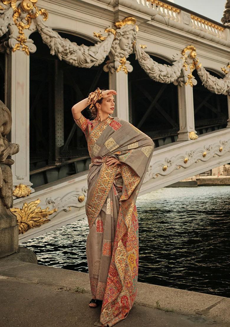 Grey Embroidered Poly Blend Sarees