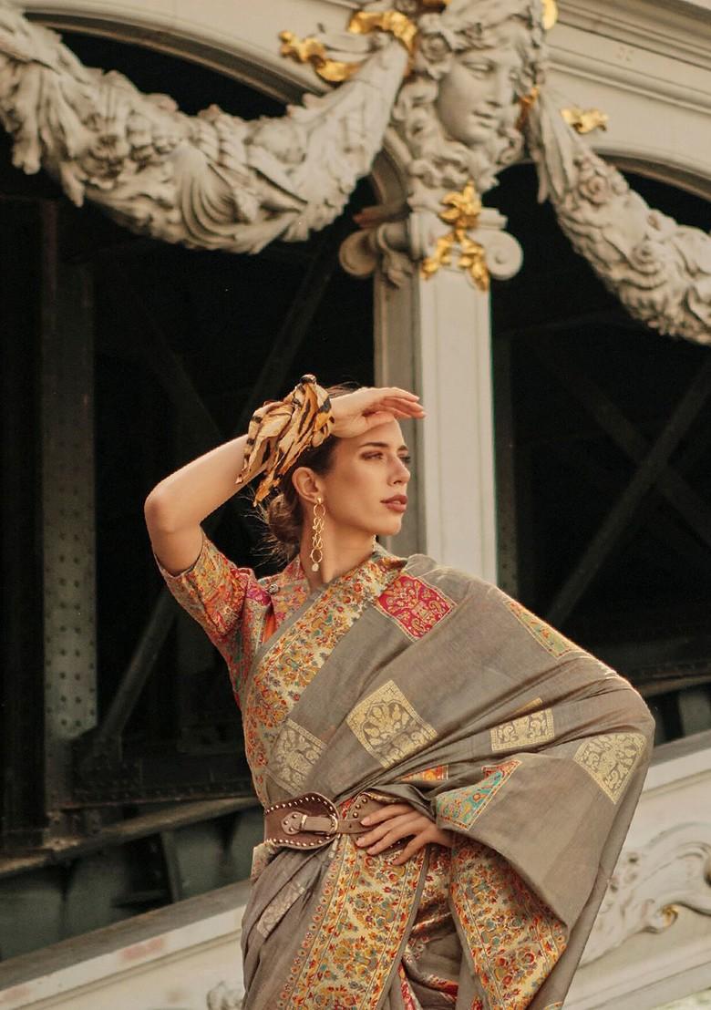 Grey Embroidered Poly Blend Sarees