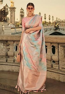 Peach Embroidered Poly Blend Sarees