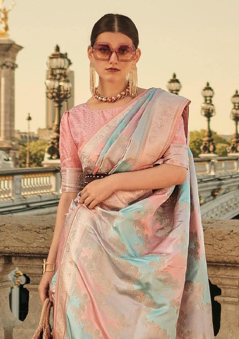 Peach Embroidered Poly Blend Sarees