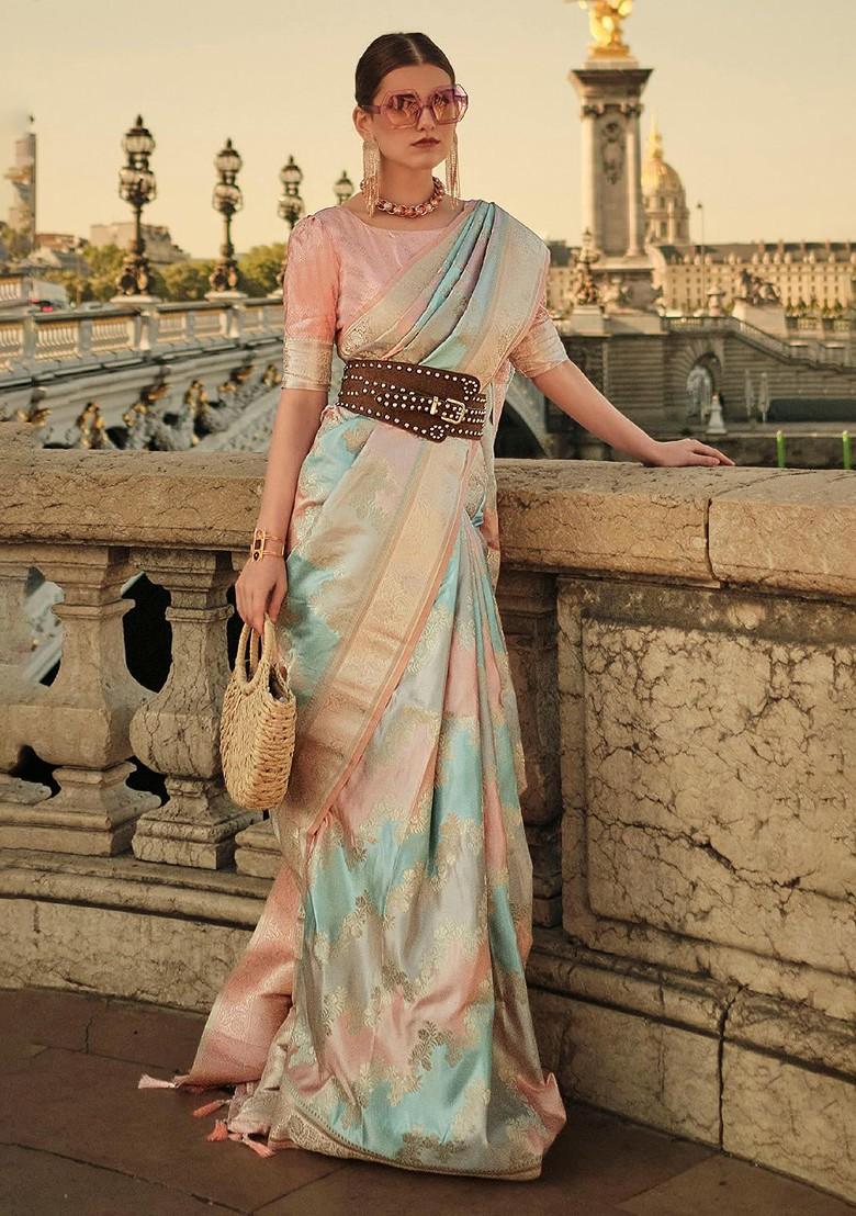 Peach Embroidered Poly Blend Sarees