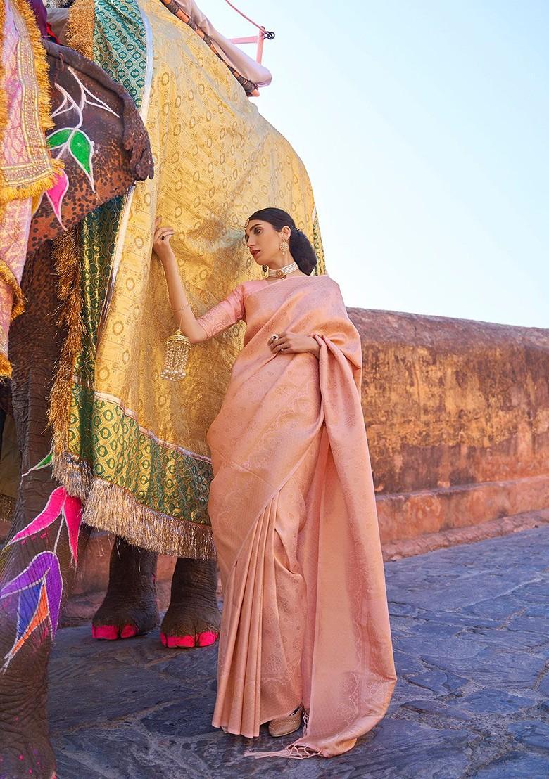 Peach Embroidered Poly Blend Sarees
