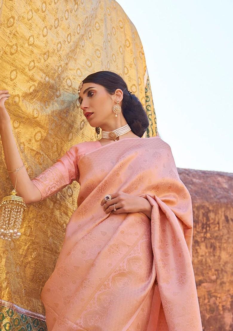 Peach Embroidered Poly Blend Sarees