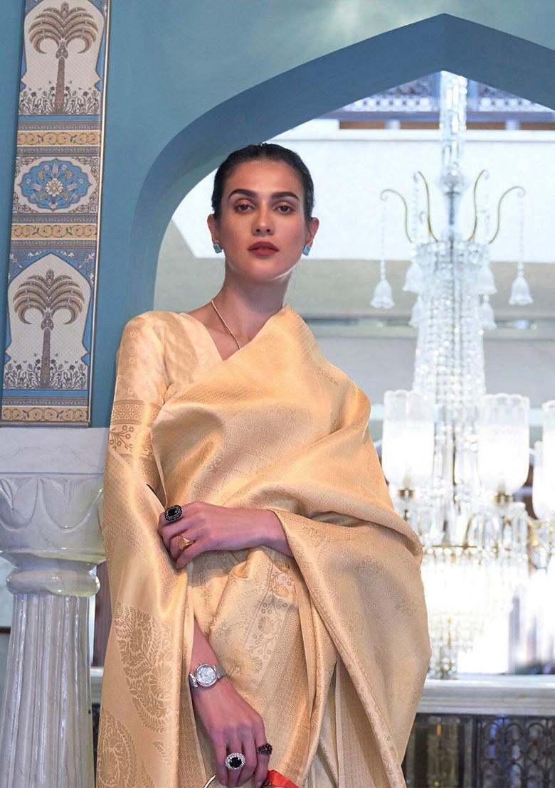 Beige Embroidered Poly Blend Sarees