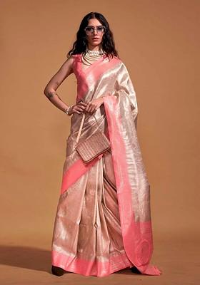 Peach Embroidered Poly Blend Sarees