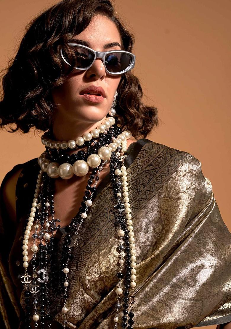 Black Embroidered Poly Blend Sarees