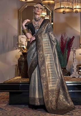 Grey Embroidered Poly Blend Sarees