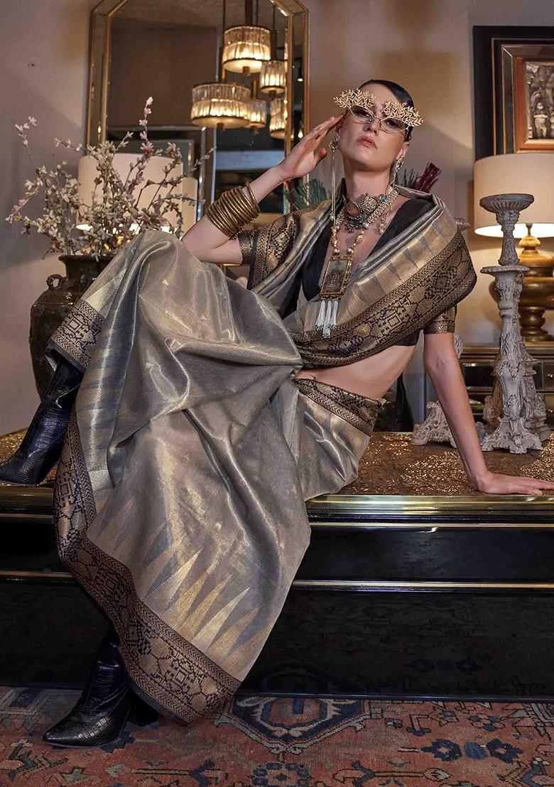 Grey Embroidered Poly Blend Sarees