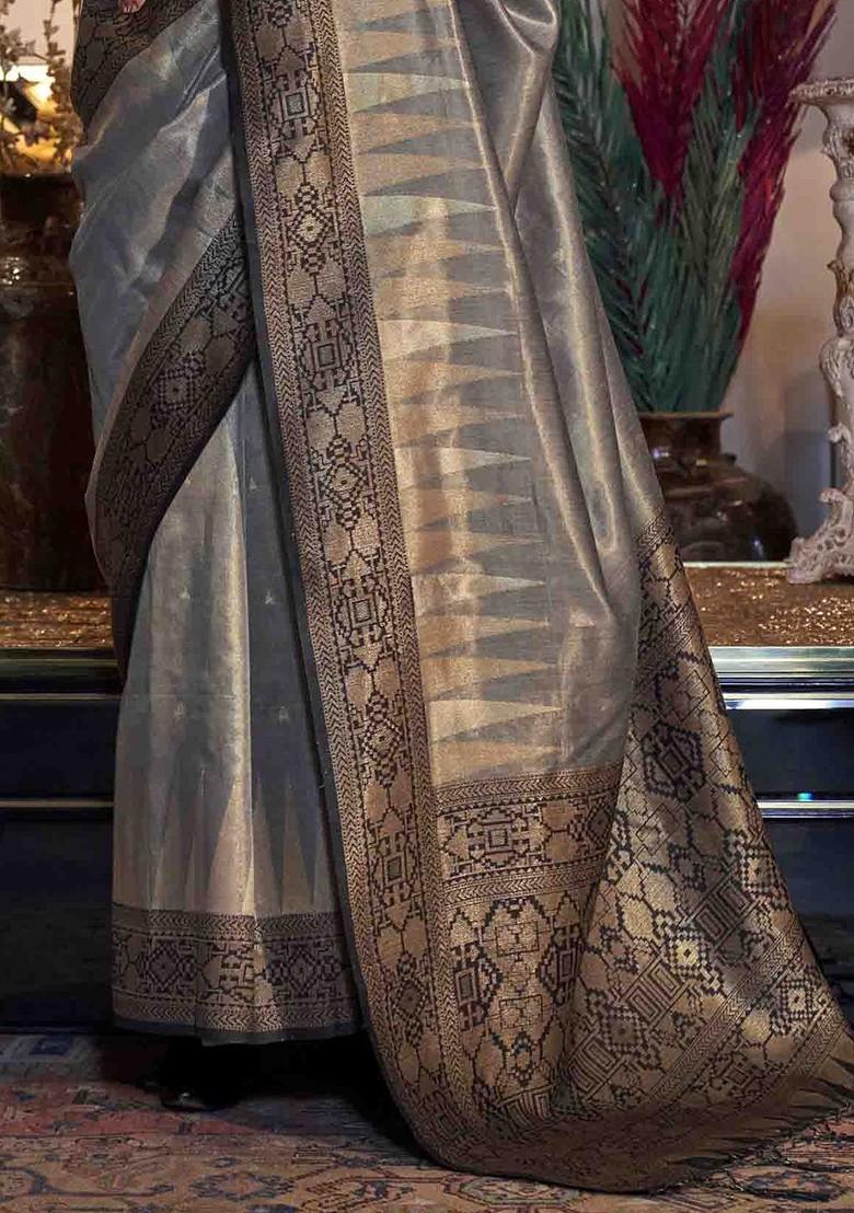 Grey Embroidered Poly Blend Sarees