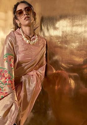 Peach Embroidered Poly Blend Sarees