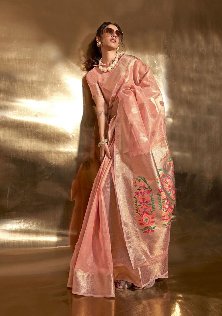 Peach Embroidered Poly Blend Sarees