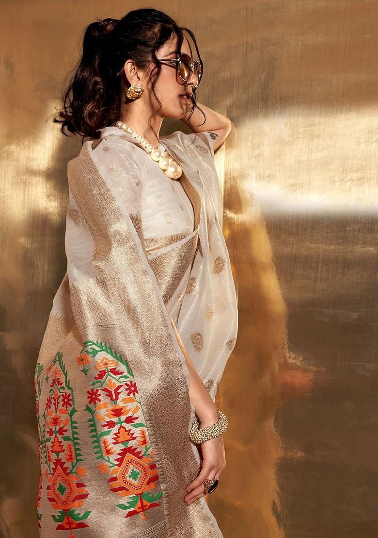 White Embroidered Poly Blend Sarees