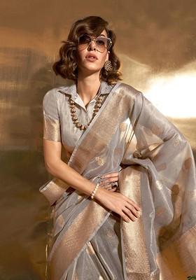 Grey Embroidered Poly Blend Sarees