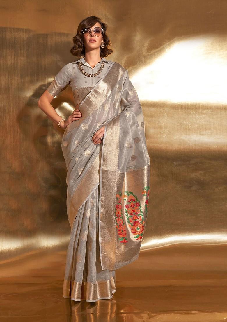 Grey Embroidered Poly Blend Sarees