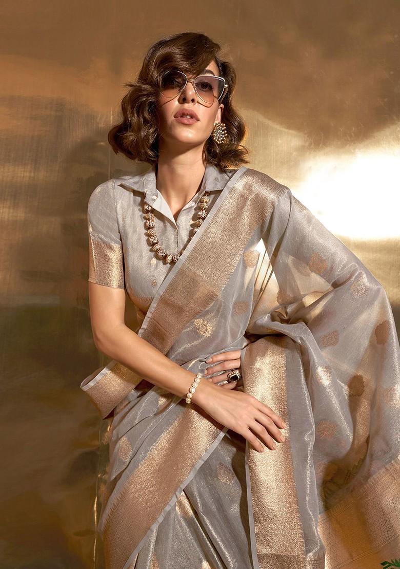 Grey Embroidered Poly Blend Sarees