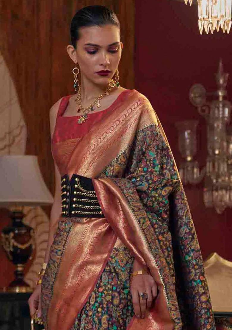 Black Embroidered Poly Blend Sarees