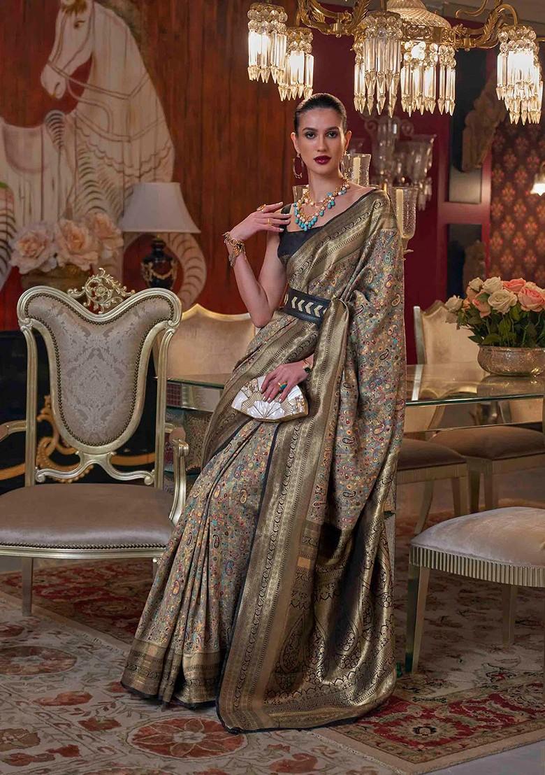 Olive Green Embroidered Poly Blend Sarees