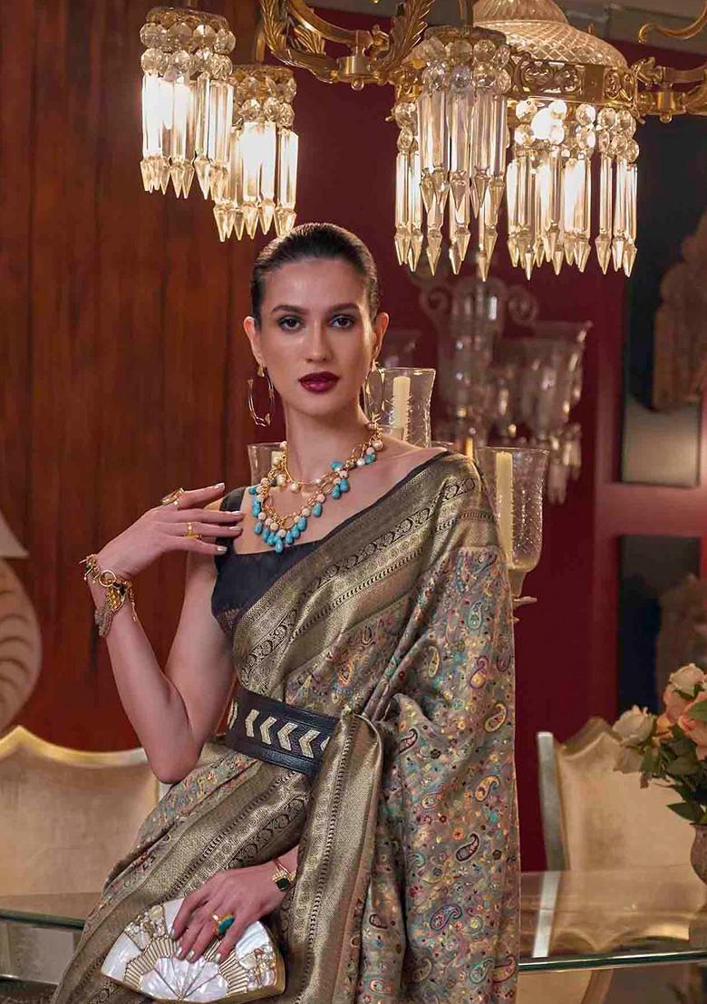 Olive Green Embroidered Poly Blend Sarees