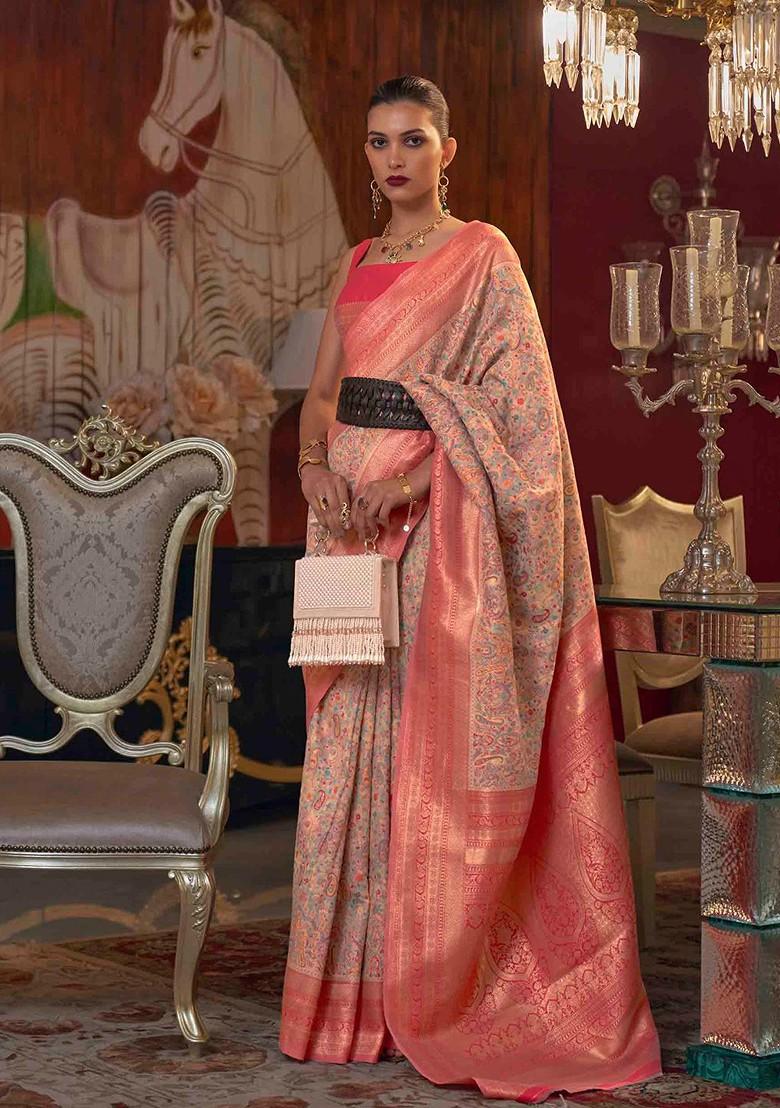 Peach Embroidered Poly Blend Sarees